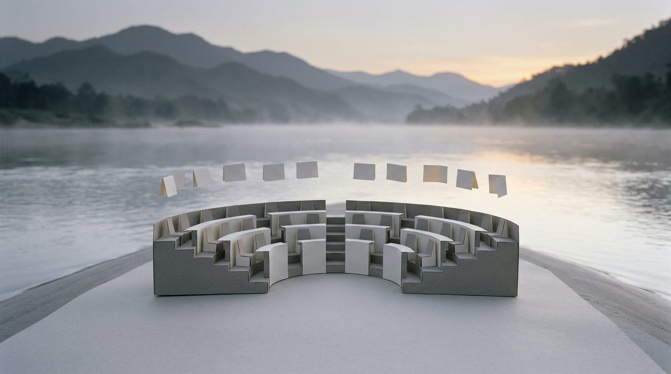 Maqueta de papel de un hemiciclo vacío a la orilla de un río al amanecer, con tarjetas en blanco sobre las filas de sillas.